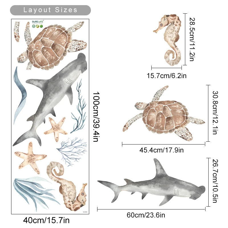 Cartoon Whale Turtle Ocean Animal Seaweed Watercolor Kids Wall Sticker
