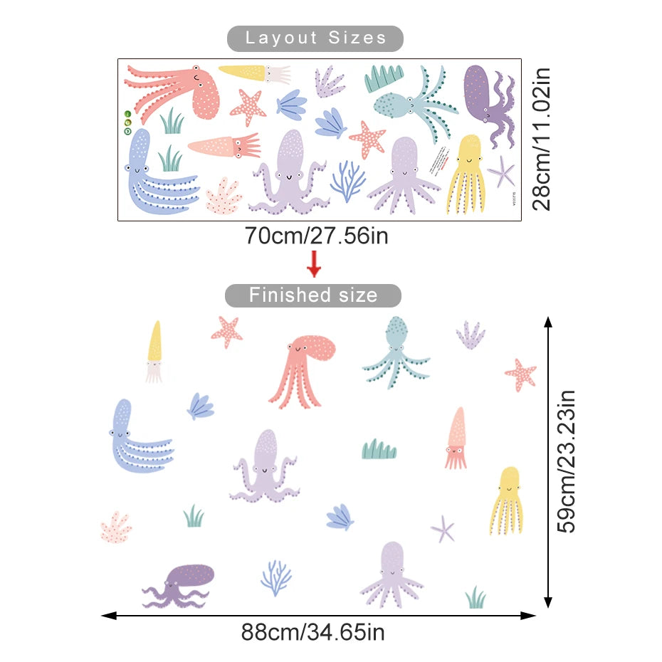 Cartoon Whale Turtle Ocean Animal Seaweed Watercolor Kids Wall Sticker