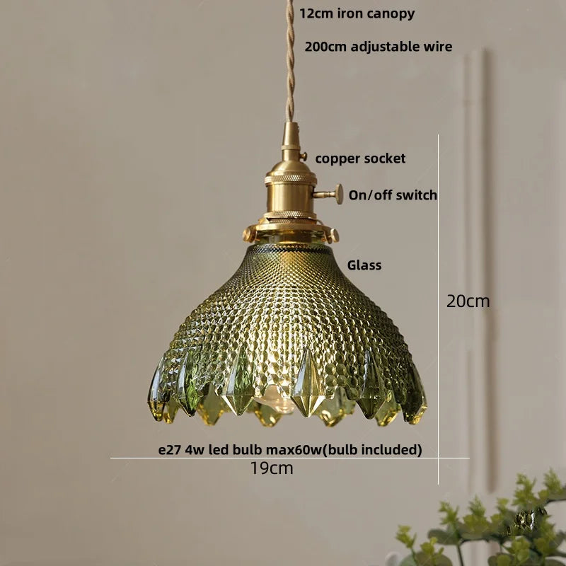 Green Glass LED Pendant Lights  Copper Knob Switch