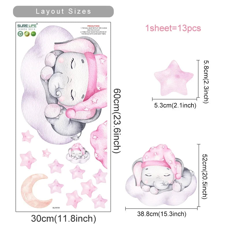 Cartoon Cute Swinging Elephant Butterfly Branch Watercolor Nursery Sticker