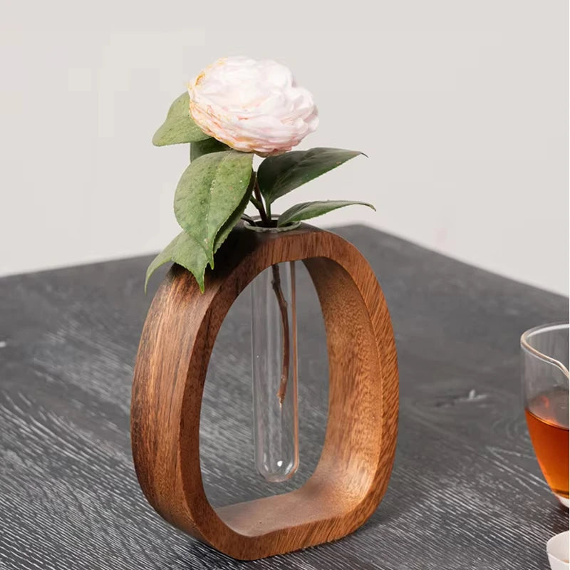 1 Piece Walnut Wooden Flower Vase Simple Glass Plant Vase
