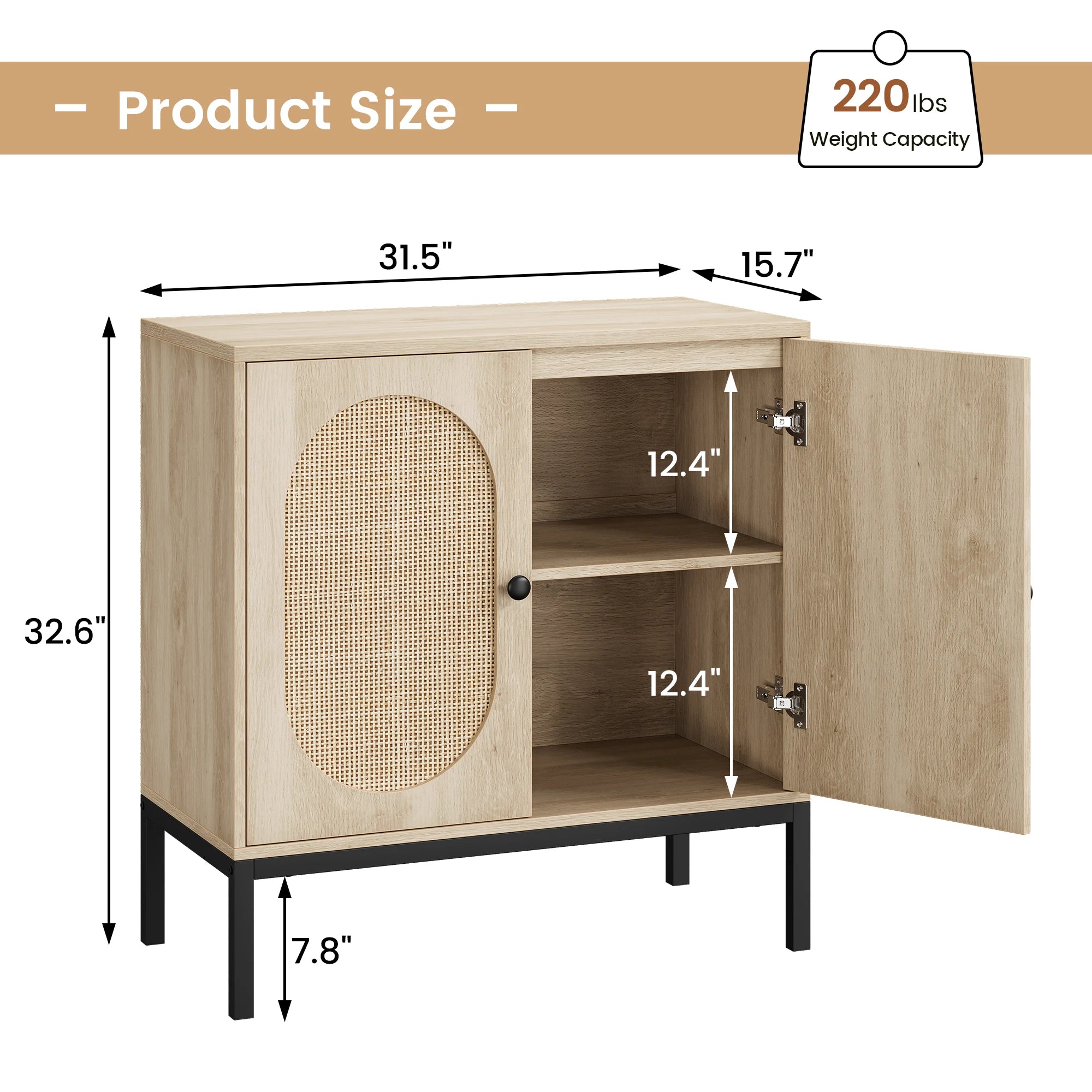 Rattan Storage Cabinet with Doors and Shelves