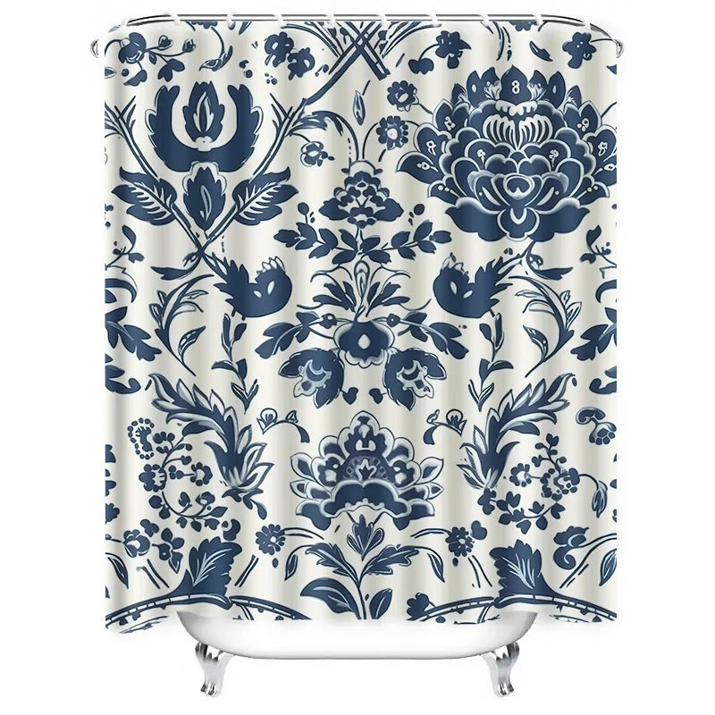 Elegant Blue and White Watercolor Floral Design Waterproof Shower Curtain – Perfect for Adding a Serene Touch to Your