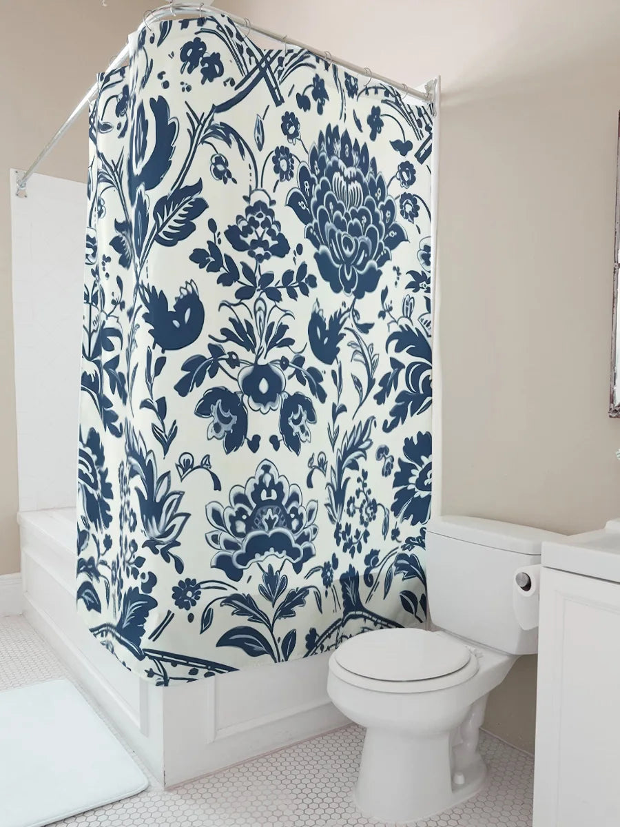 Elegant Blue and White Watercolor Floral Design Waterproof Shower Curtain – Perfect for Adding a Serene Touch to Your