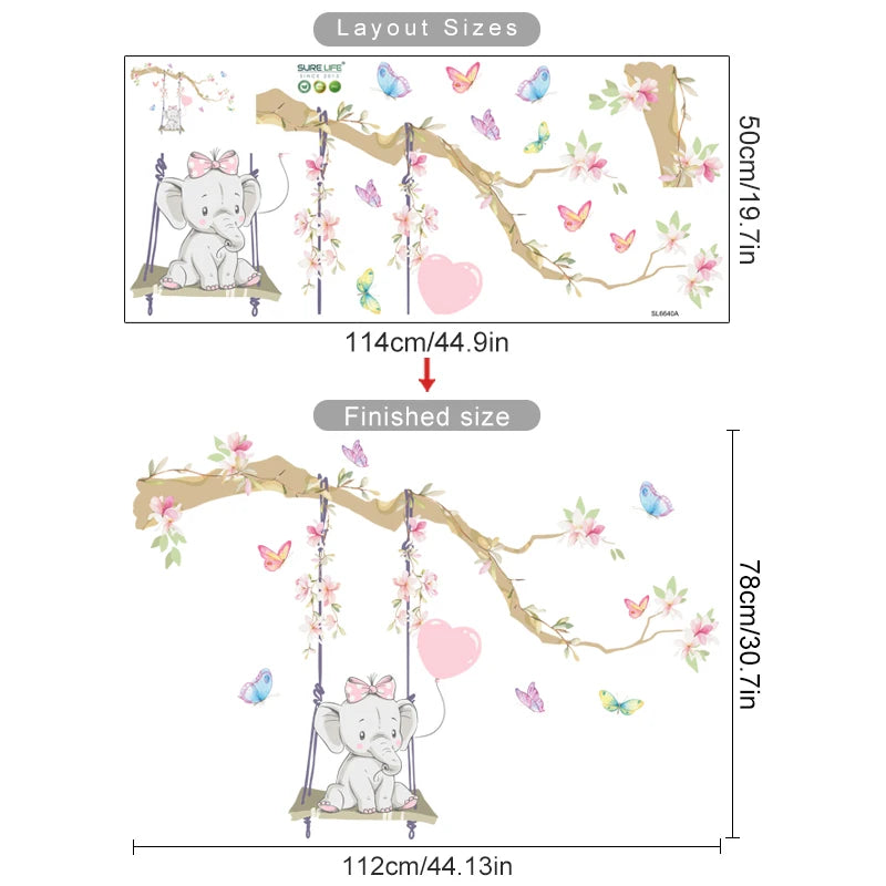 Cartoon Cute Swinging Elephant Butterfly Branch Watercolor Nursery Sticker