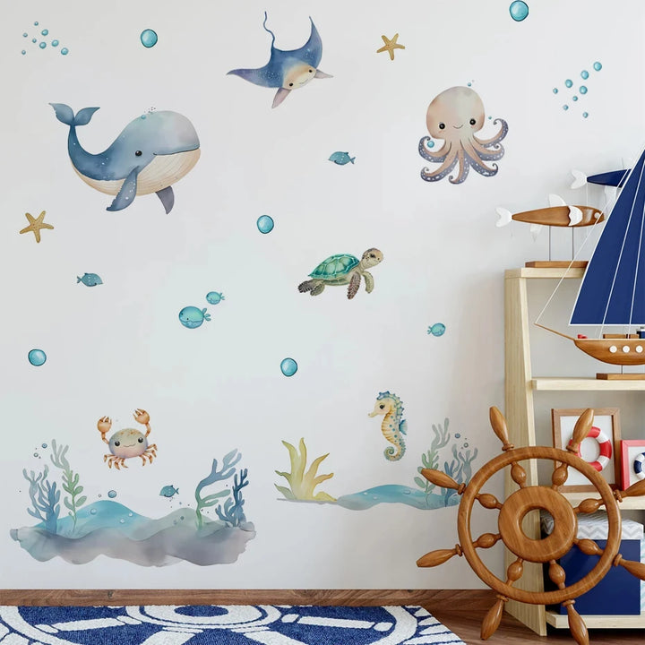 Cartoon Whale Turtle Ocean Animal Seaweed Watercolor Kids Wall Sticker
