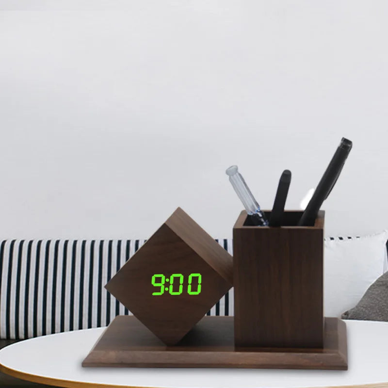 Wooden Electronic Clock Desk Organizer
