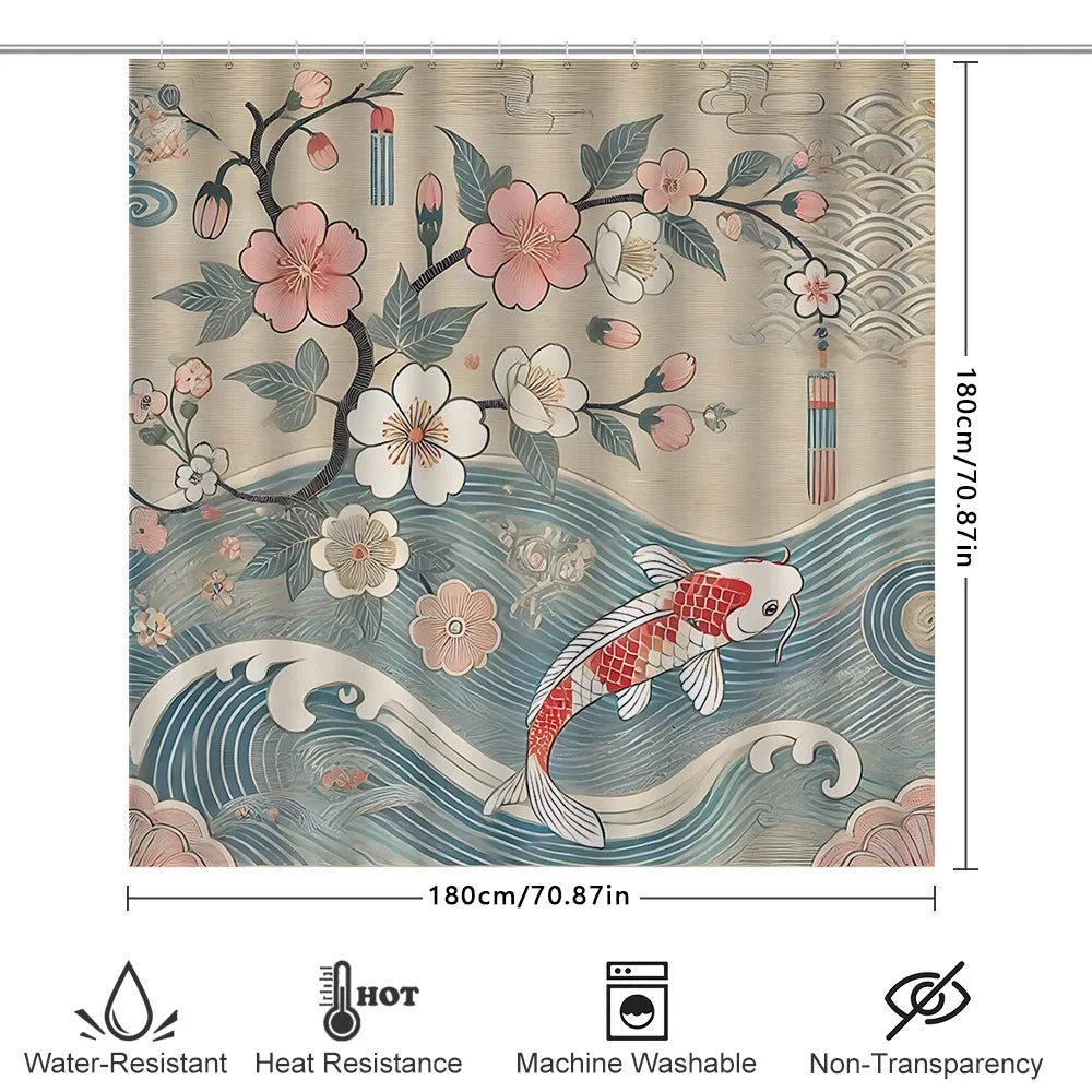 Elegant Japanese Style Shower Curtain with Cherry Blossoms Koi Fish