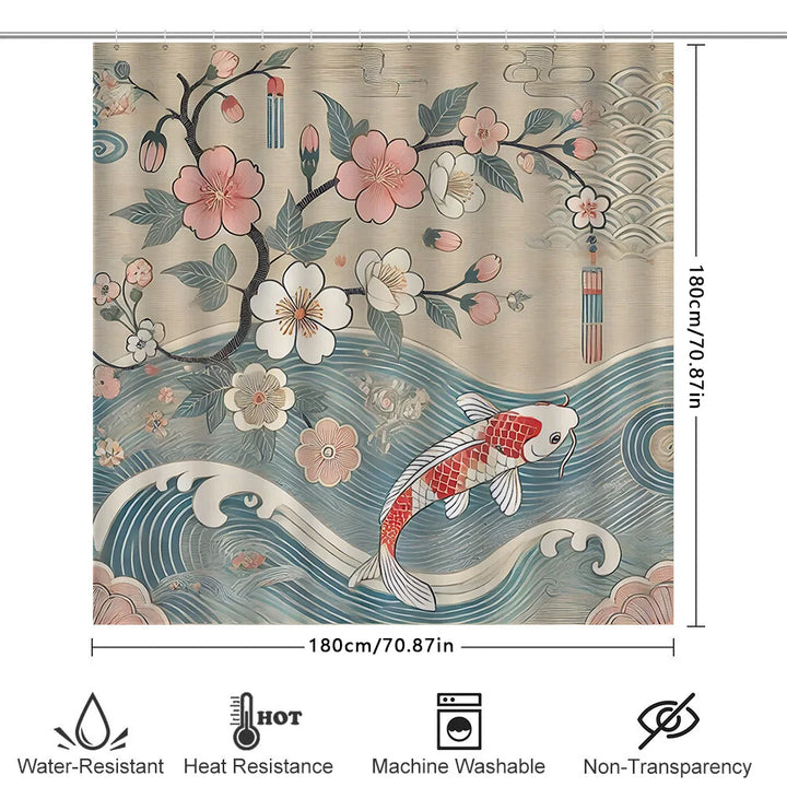 Elegant Japanese Style Shower Curtain with Cherry Blossoms Koi Fish