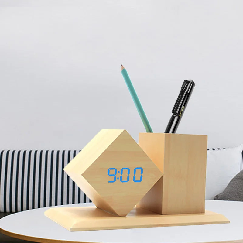 Wooden Electronic Clock Desk Organizer