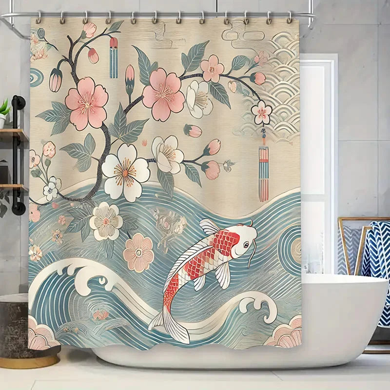 Elegant Japanese Style Shower Curtain with Cherry Blossoms Koi Fish