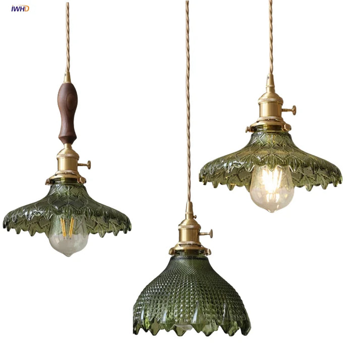 Green Glass LED Pendant Lights  Copper Knob Switch