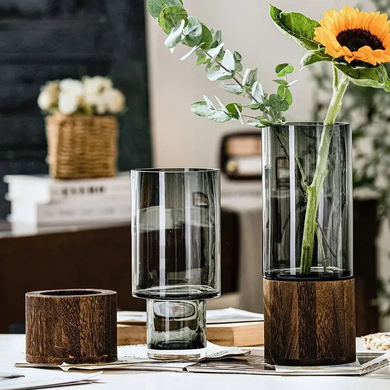 Simple European  Wood Base Transparent Glass Vase