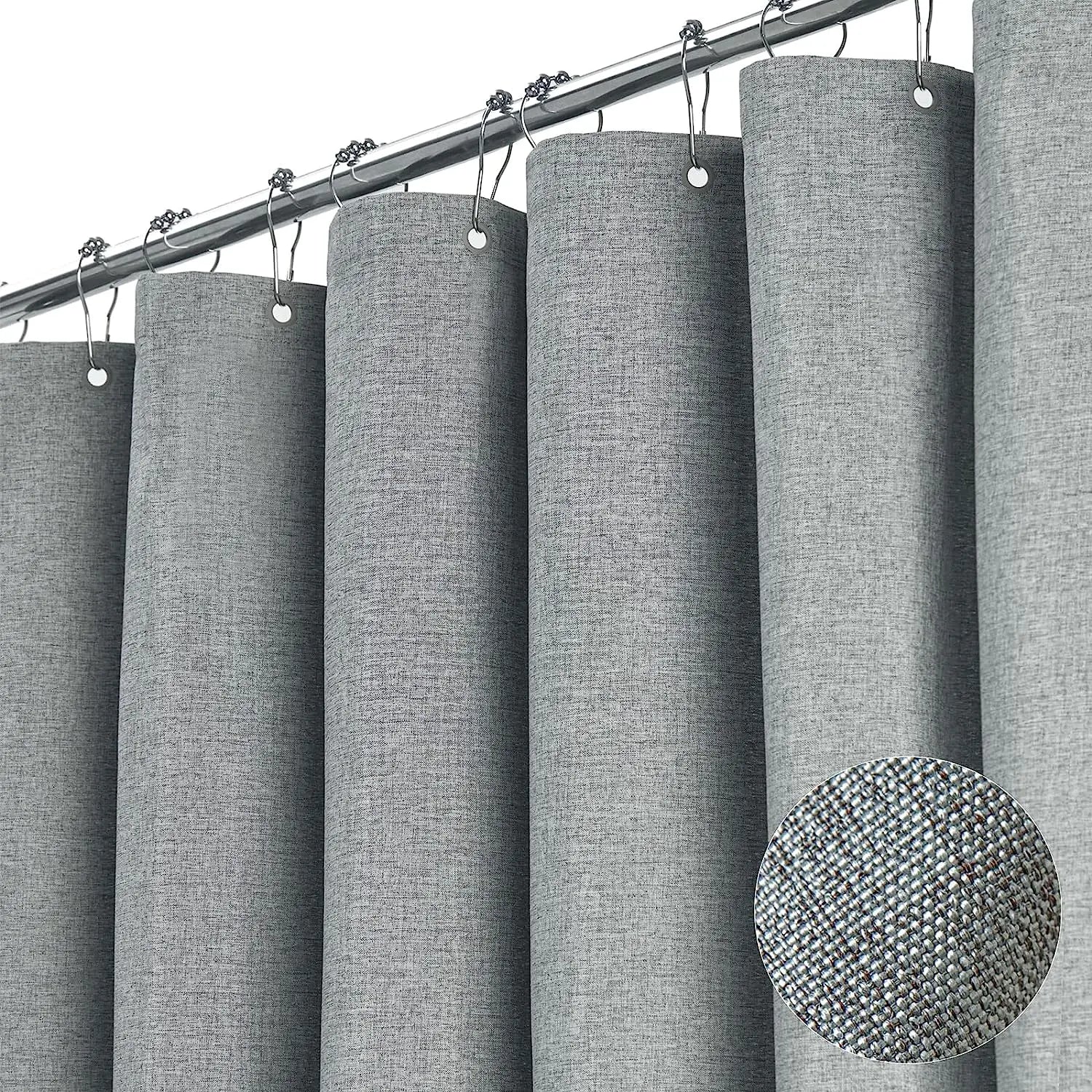 Luxury Linen Shower Curtain with Silver Metal Hooks,  Waterproof Thick Fabric