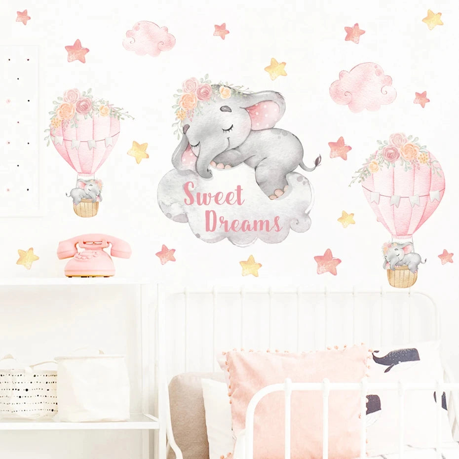Cartoon Cute Swinging Elephant Butterfly Branch Watercolor Nursery Sticker