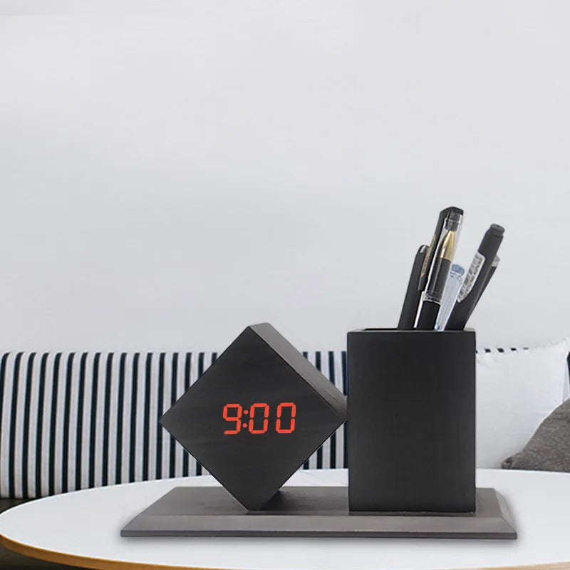 Wooden Electronic Clock Desk Organizer