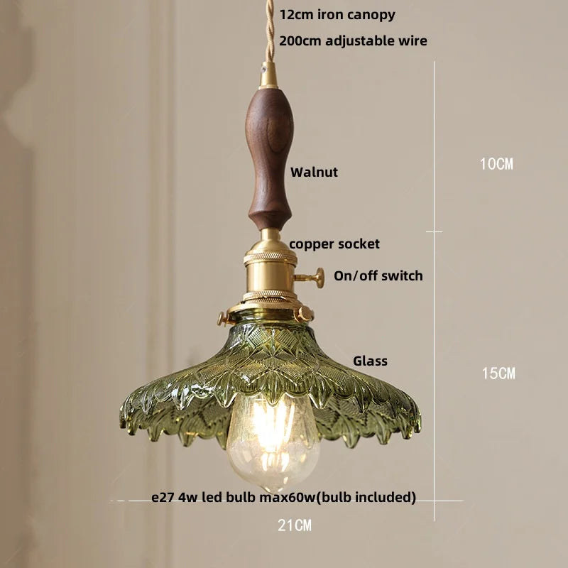 Green Glass LED Pendant Lights  Copper Knob Switch