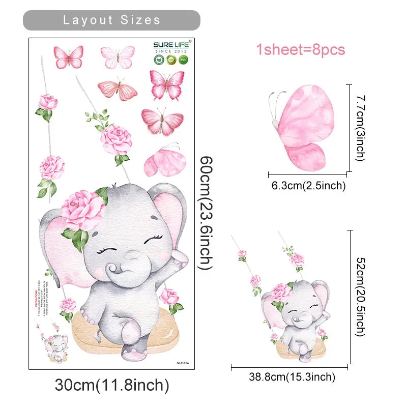 Cartoon Cute Swinging Elephant Butterfly Branch Watercolor Nursery Sticker