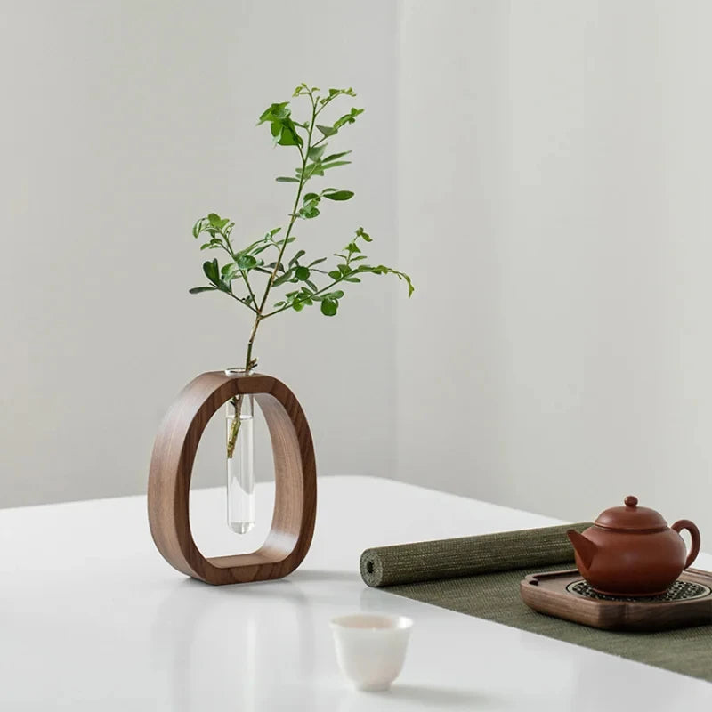 1 Piece Walnut Wooden Flower Vase Simple Glass Plant Vase