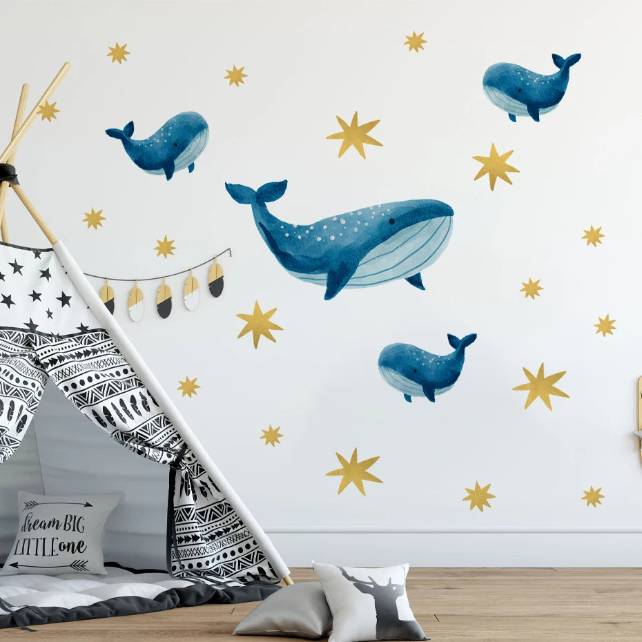 Cartoon Whale Turtle Ocean Animal Seaweed Watercolor Kids Wall Sticker