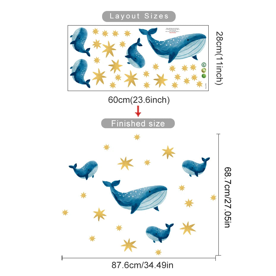 Cartoon Whale Turtle Ocean Animal Seaweed Watercolor Kids Wall Sticker