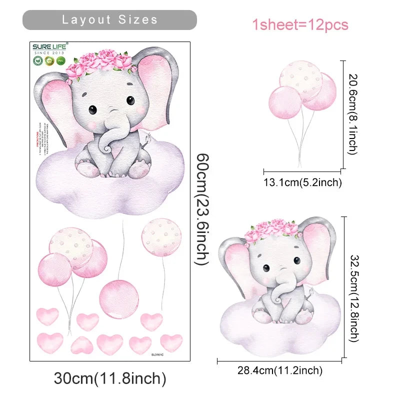 Cartoon Cute Swinging Elephant Butterfly Branch Watercolor Nursery Sticker
