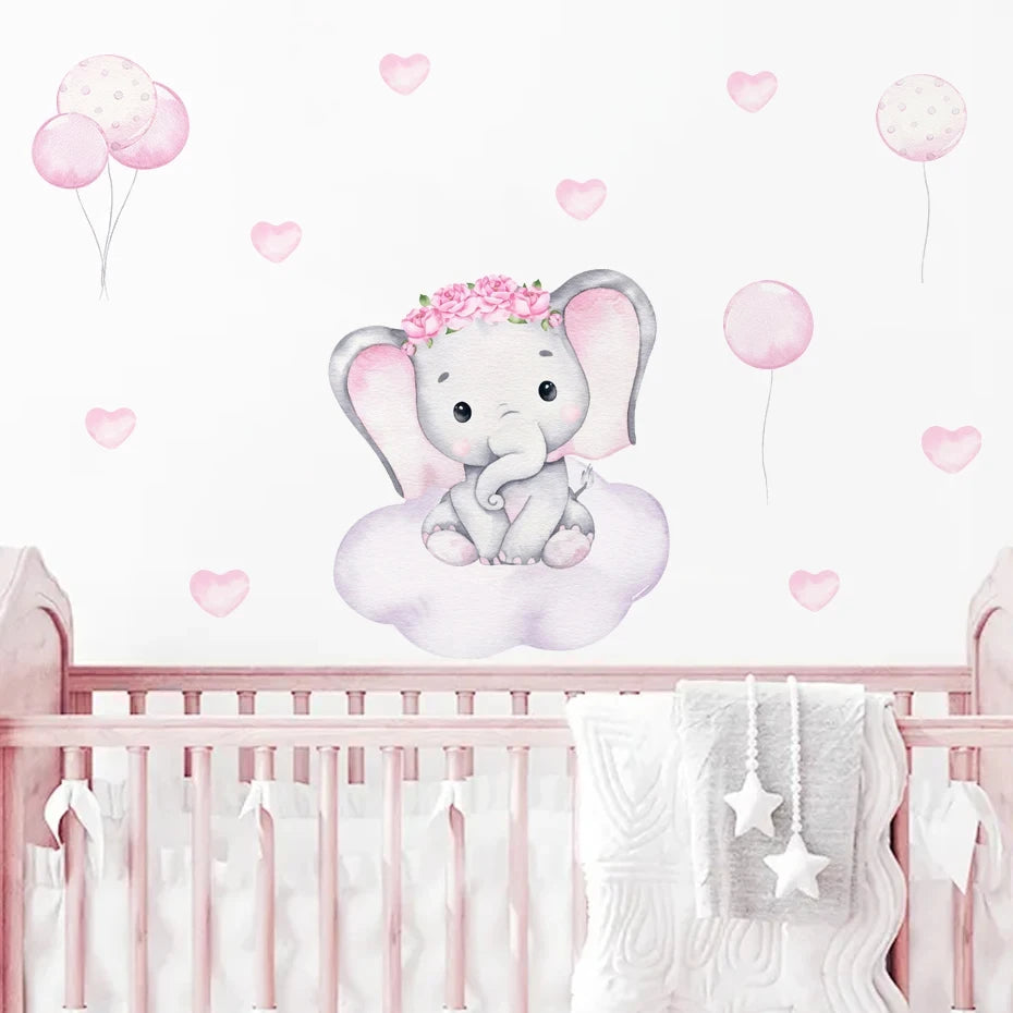 Cartoon Cute Swinging Elephant Butterfly Branch Watercolor Nursery Sticker