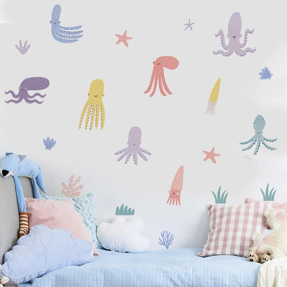 Cartoon Whale Turtle Ocean Animal Seaweed Watercolor Kids Wall Sticker