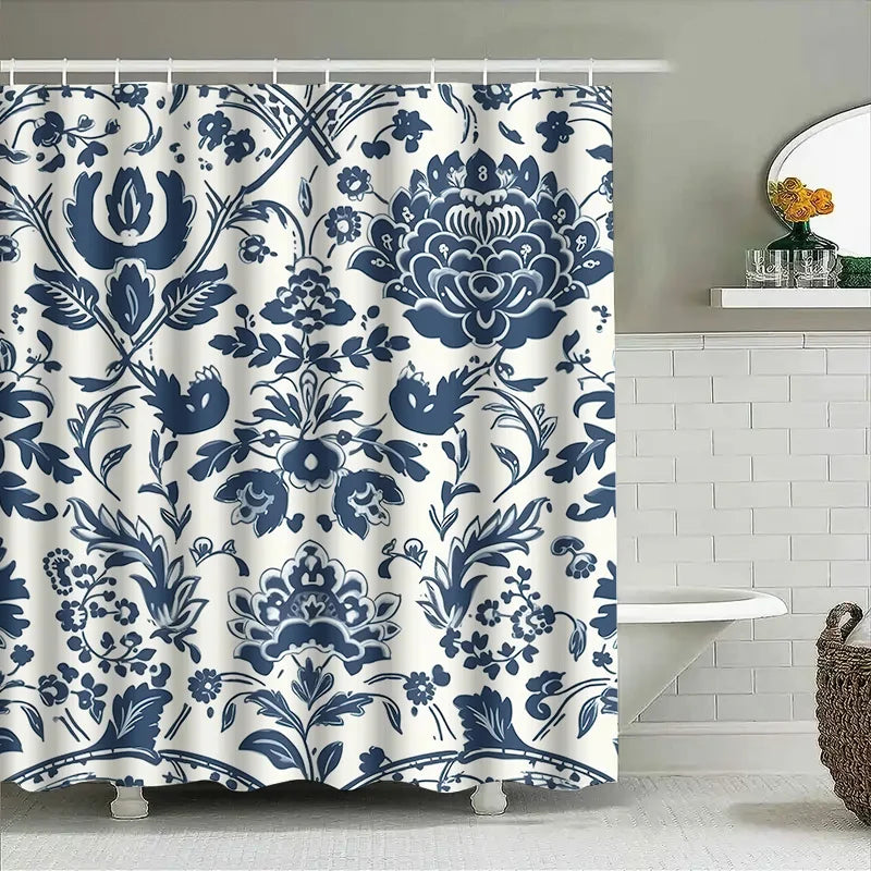 Elegant Blue and White Watercolor Floral Design Waterproof Shower Curtain – Perfect for Adding a Serene Touch to Your