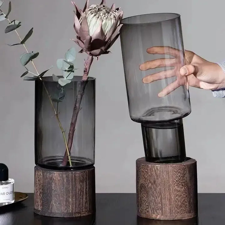 Simple European  Wood Base Transparent Glass Vase