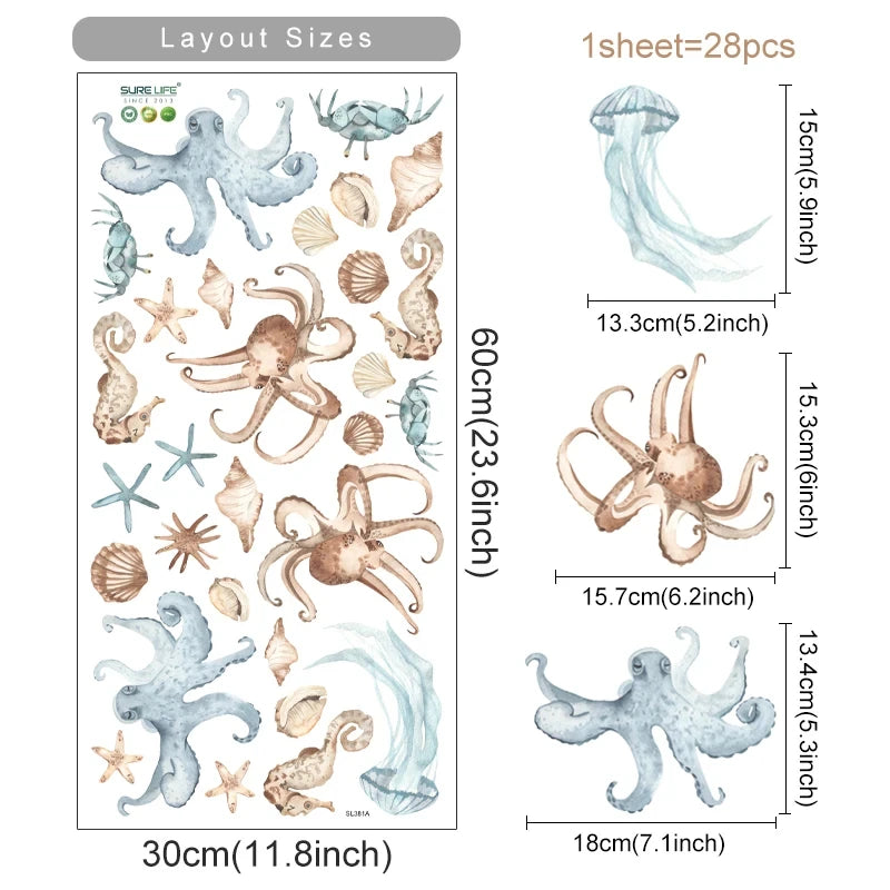 Cartoon Whale Turtle Ocean Animal Seaweed Watercolor Kids Wall Sticker