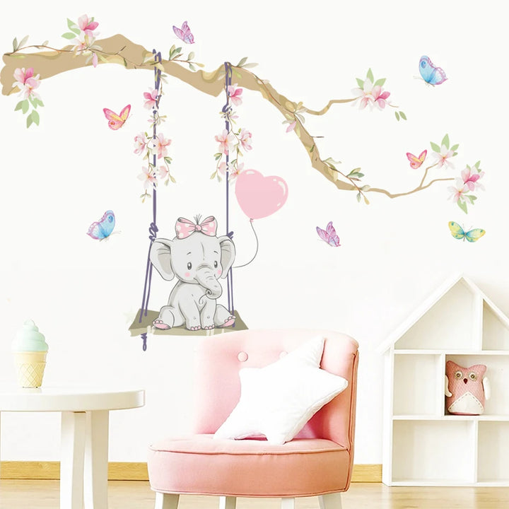 Cartoon Cute Swinging Elephant Butterfly Branch Watercolor Nursery Sticker