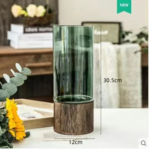 Simple European  Wood Base Transparent Glass Vase