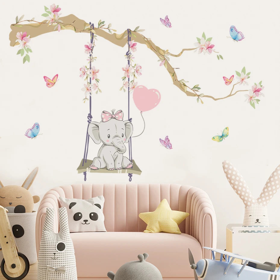 Cartoon Cute Swinging Elephant Butterfly Branch Watercolor Nursery Sticker