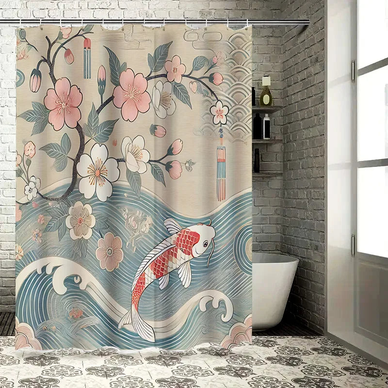 Elegant Japanese Style Shower Curtain with Cherry Blossoms Koi Fish