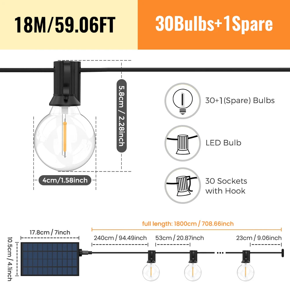 Solar Led String Lights Outdoor G40, with Shatter and Weatherproof Bulbs