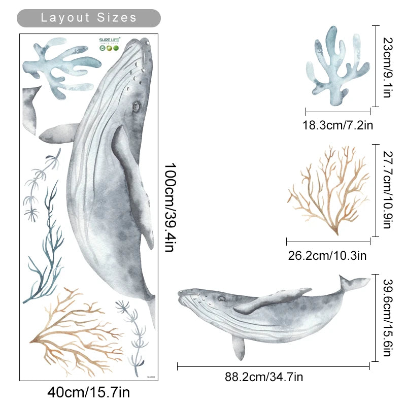 Cartoon Whale Turtle Ocean Animal Seaweed Watercolor Kids Wall Sticker