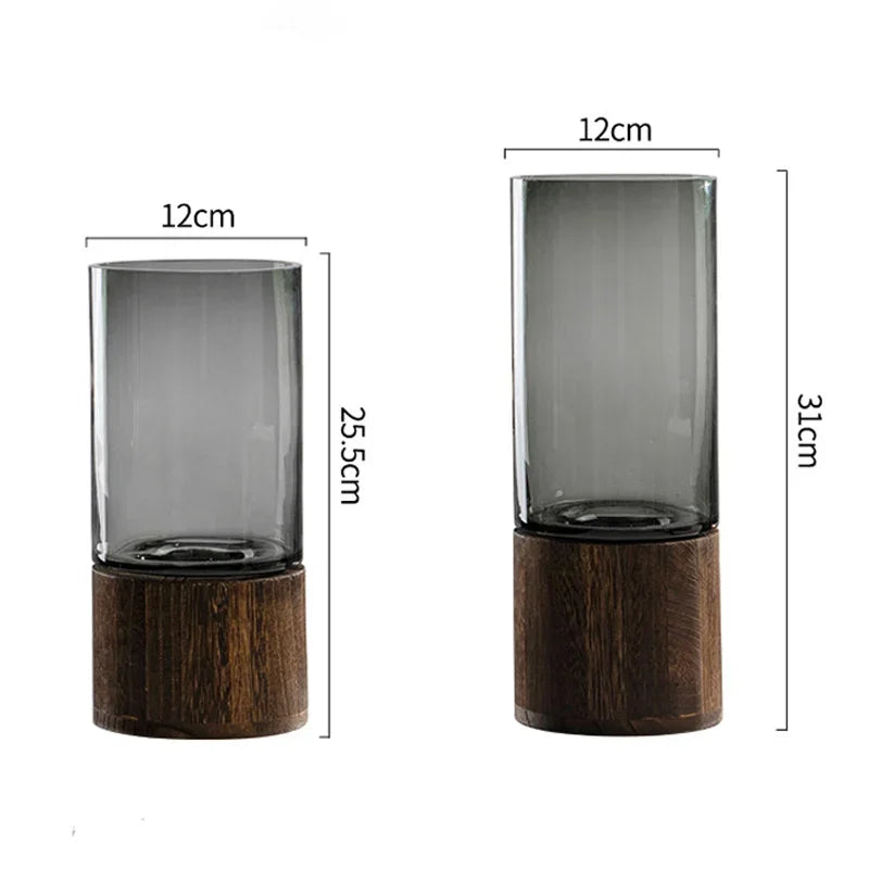 Simple European  Wood Base Transparent Glass Vase