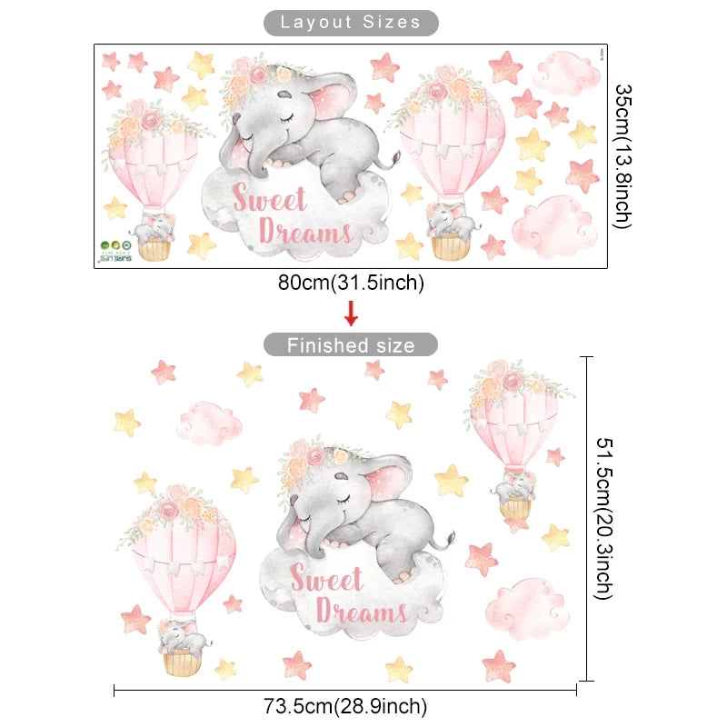 Cartoon Cute Swinging Elephant Butterfly Branch Watercolor Nursery Sticker