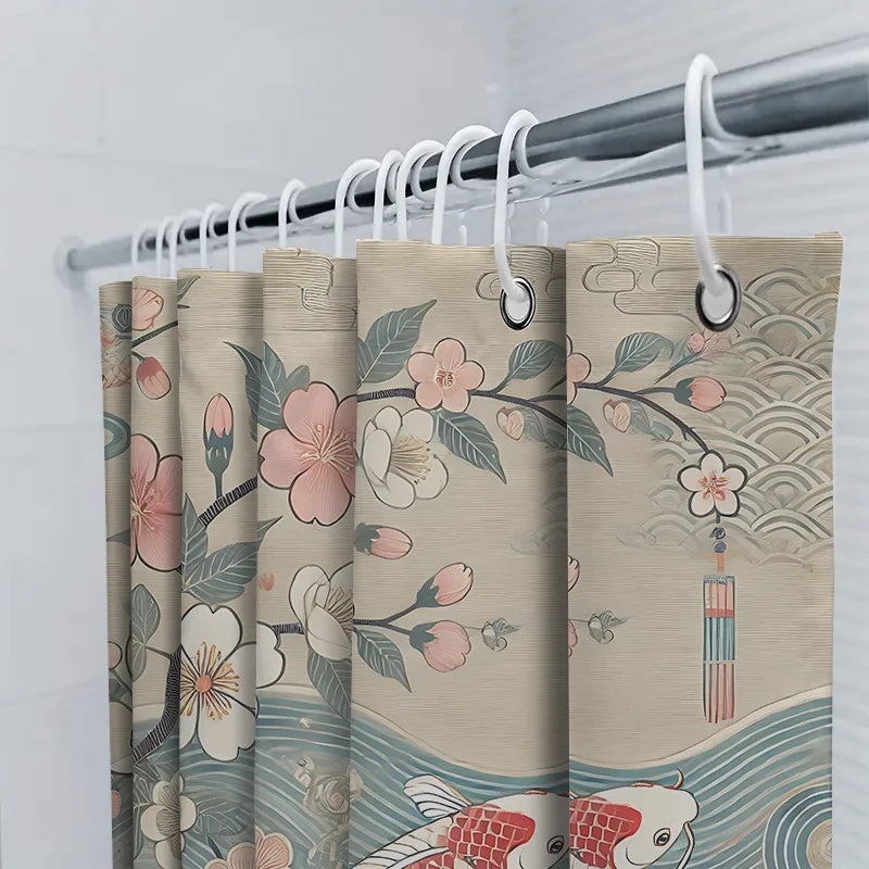 Elegant Japanese Style Shower Curtain with Cherry Blossoms Koi Fish