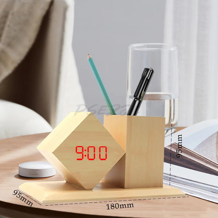 Wooden Electronic Clock Desk Organizer