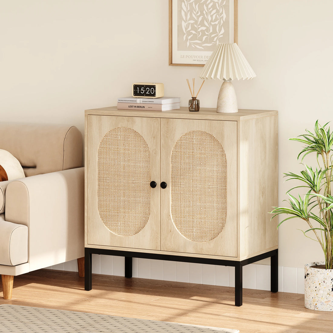 Rattan Storage Cabinet with Doors and Shelves