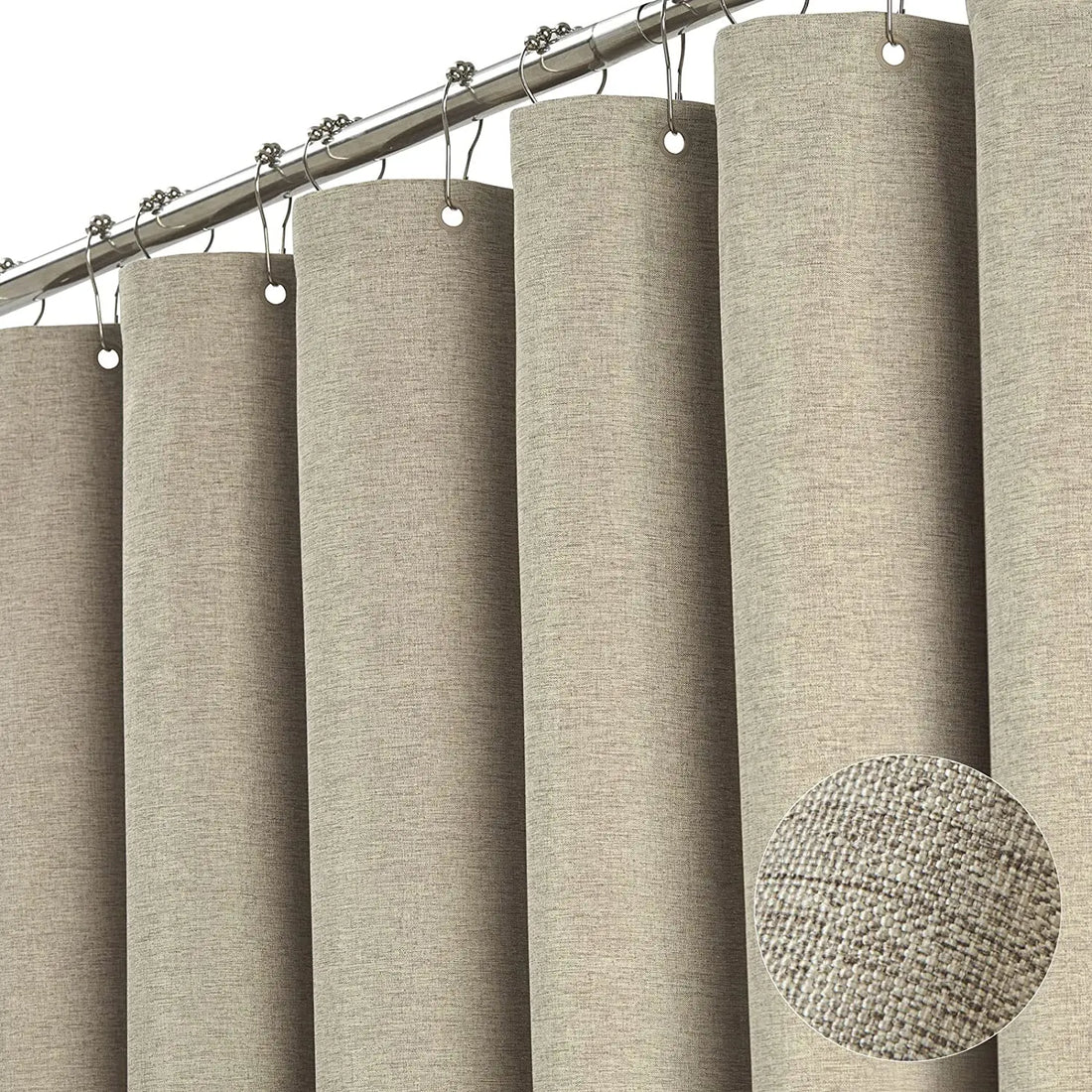 Luxury Linen Shower Curtain with Silver Metal Hooks,  Waterproof Thick Fabric