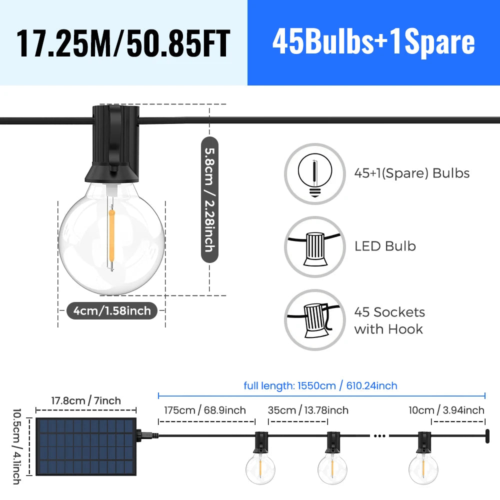 Solar Led String Lights Outdoor G40, with Shatter and Weatherproof Bulbs