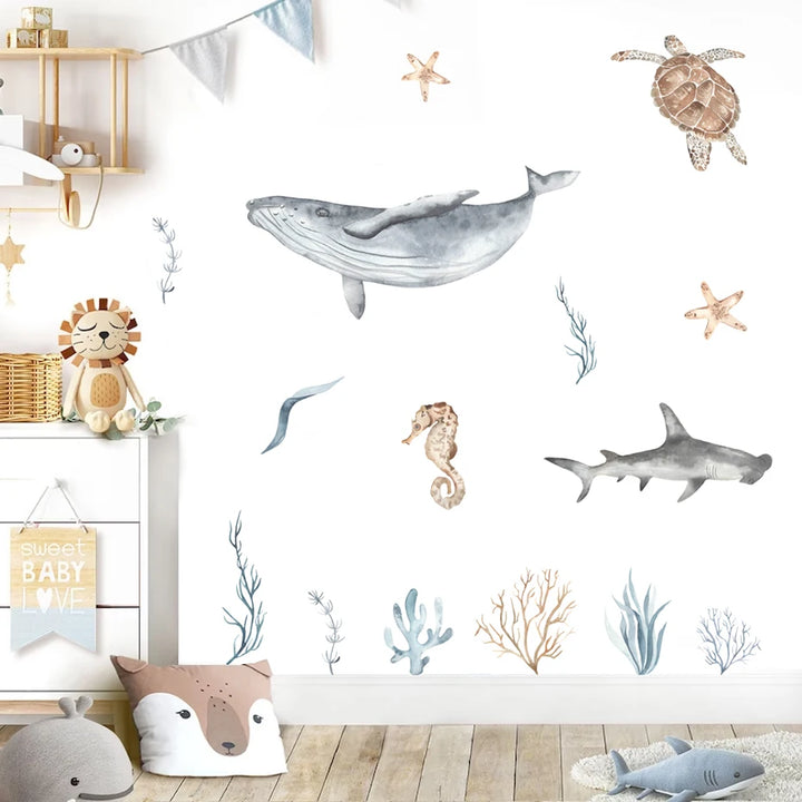 Cartoon Whale Turtle Ocean Animal Seaweed Watercolor Kids Wall Sticker