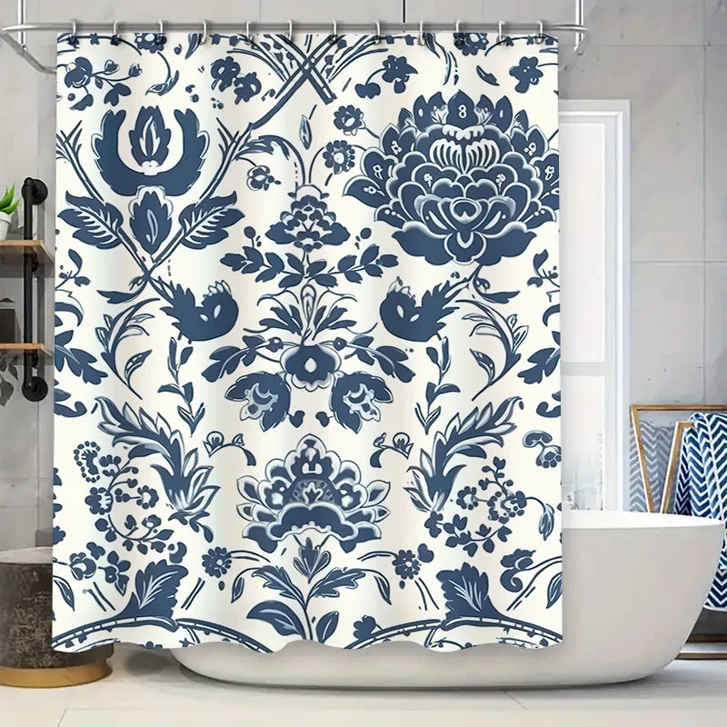 Elegant Blue and White Watercolor Floral Design Waterproof Shower Curtain – Perfect for Adding a Serene Touch to Your
