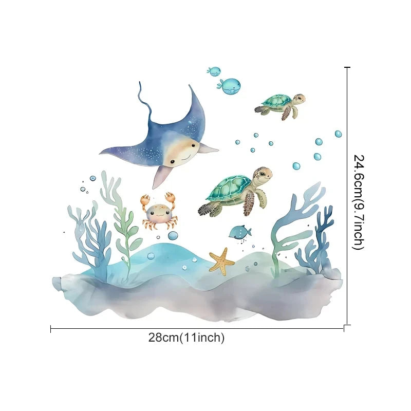 Cartoon Whale Turtle Ocean Animal Seaweed Watercolor Kids Wall Sticker