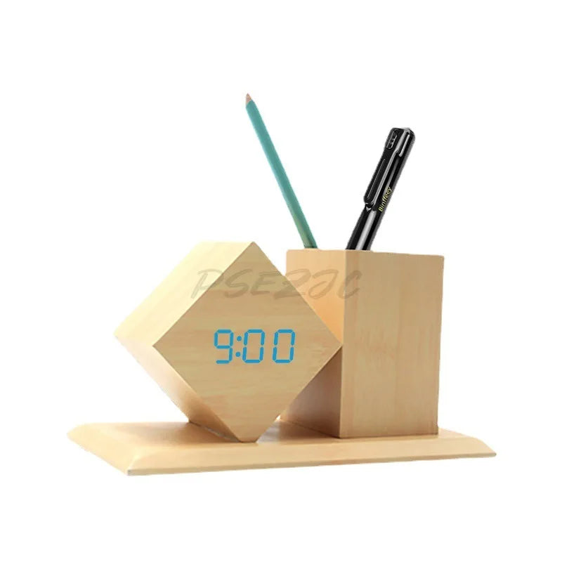 Wooden Electronic Clock Desk Organizer