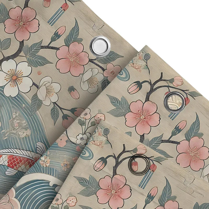 Elegant Japanese Style Shower Curtain with Cherry Blossoms Koi Fish