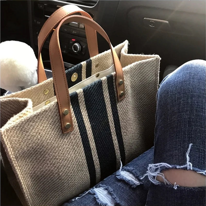 Canvas Stripe Decor Bucket Handbags